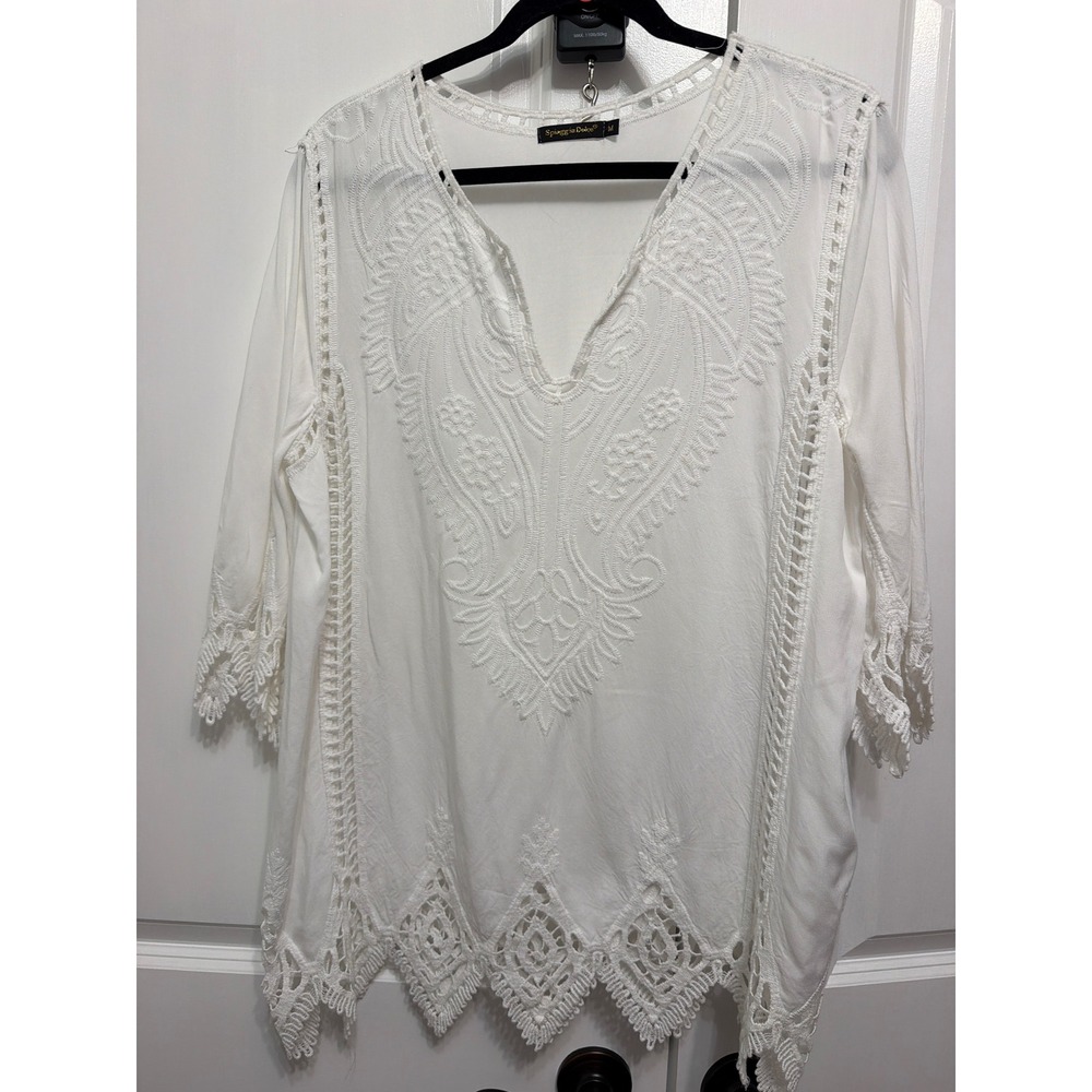 Spiaggia Dolce White Embroidered Crochet Lace Tunic Top Womens Medium Boho 7204